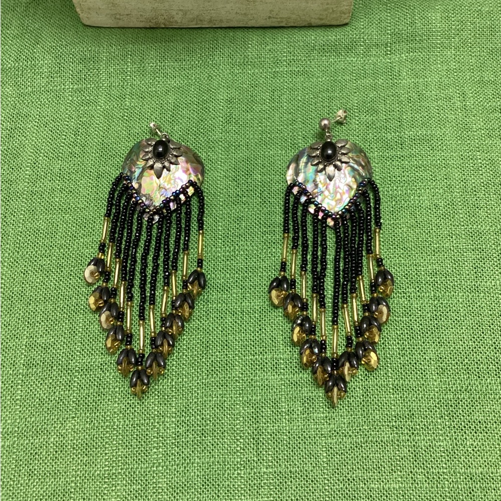 Boho black beaded fringe dangle earrings abalone hearts earthy Retro artisan
